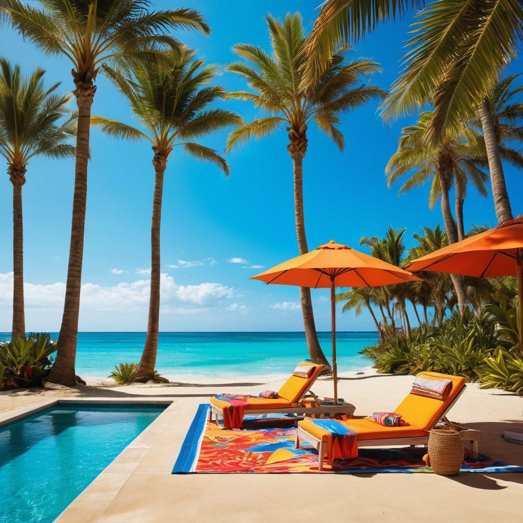 A stylish beach scene featuring a diverse group of fashion-forward individuals lounging poolside and on the sandy shore, showcasing vibrant swimwear designs, accessorized with sunglasses, hats, and colorful beach towels. The setting includes palm trees and a bright blue sky, capturing the essence of summer escapes. The contrasting environments of the pool and beach create a stylish theme of trendiness and relaxation. Illustrate with vibrant colors and a sunlit atmosphere. super-realistic. vibrant colors.